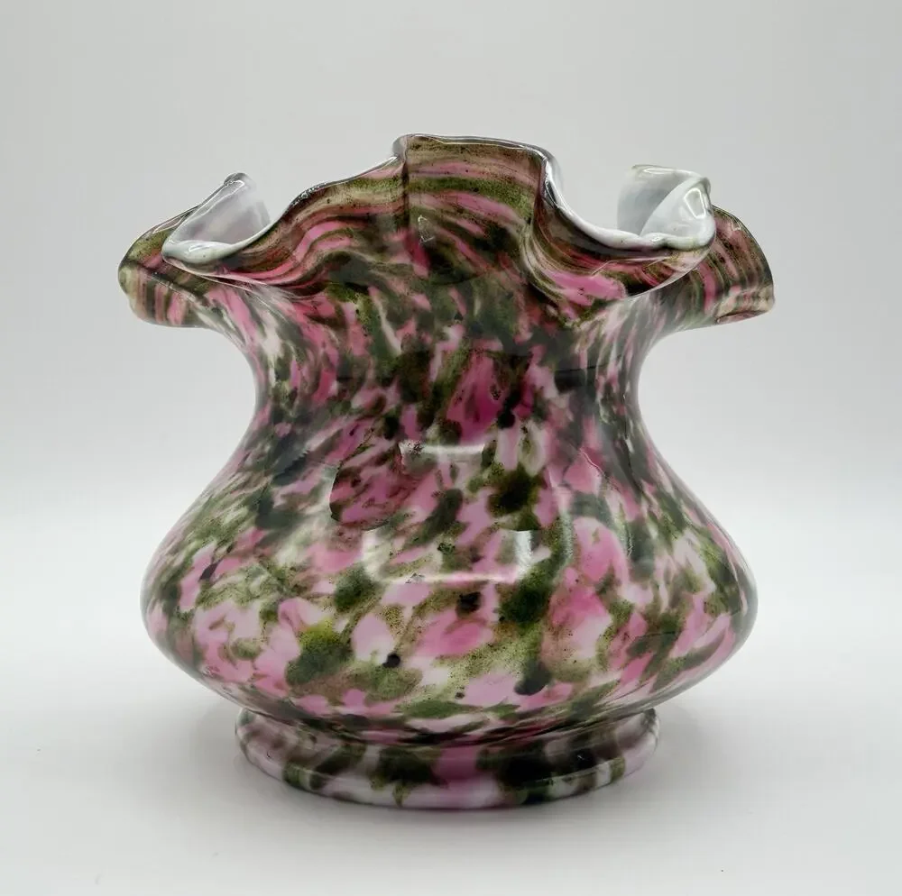 Fenton Vasa Murrhina Pink with Green Aventurine Ruffled Edge Rose Bowl Vase 4”